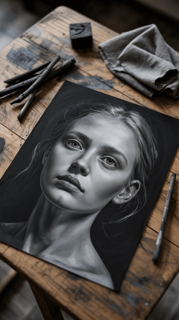 A dramatic, high-contrast black and white photograph centers on a partially completed charcoal portrait of a woman's face resting on a weathered wooden art table. Her face emerges from the charcoal ground, with soft, sculpted highlights revealing a serene expression and delicate features, capturing a sense of quiet contemplation. Scattered around the portrait are a few vine charcoal sticks, a compressed charcoal block, and a neatly folded grey cloth, subtly illuminated by strong directional lighting from above, accentuating the textures of the charcoal and wood. The background fades into a soft, undefined darkness, intensifying the focus on the artistic process and the emerging portrait, creating a mood of focused creativity and timeless artistry.