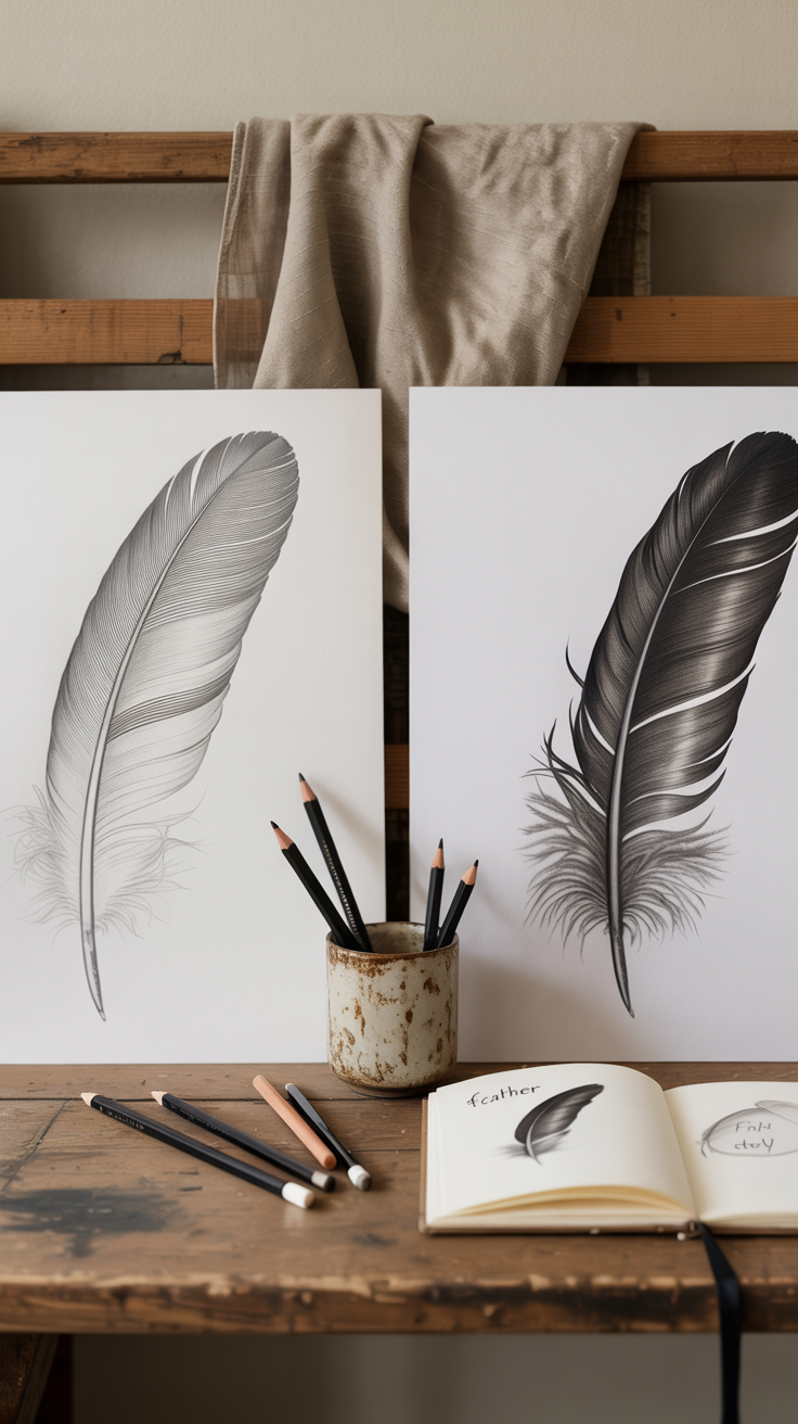 A photograph showcasing a wide, aged wooden desk with a side-by-side workspace arrangement. On the left sits a meticulously rendered graphite sketch of a single feather, its barbs and quill displayed with intricate layered shading, while on the right, a dramatic charcoal drawing of the same feather boasts bold contrasts and deep blacks. Between the sketches, a small, rustic ceramic cup holds several charcoal and graphite pencils alongside an open sketchbook with a few initial pencil markings reading "Feather Study" and a warm, diffused natural light illuminates the scene, creating soft shadows and a sense of focused creativity. A muted beige linen cloth drapes gently over the back of the desk, subtly adding to the artistic atmosphere.
