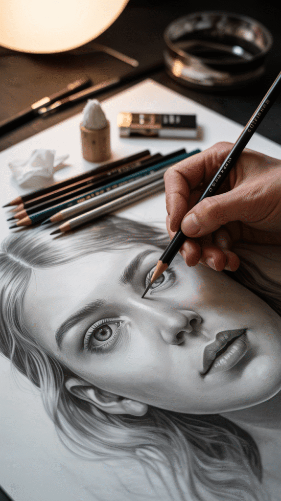 A meticulously composed still life photograph focuses on an artist’s hand delicately layering light graphite strokes on a partially completed portrait of “a woman’s eye”. Several precisely sharpened graphite pencils of varying grades are arranged neatly beside the hand, alongside a blending stump, a small tissue, and a precision eraser, showcasing the tools of the trade. The textured paper displays subtle gradients and emerging highlights, reflecting the artist's careful attention to detail, while a warm, diffused light softly illuminates the scene from above, creating gentle shadows that emphasize the tactile quality of the graphite and paper. A dark, out-of-focus background creates a sense of quiet concentration and highlights the artistry and precision of the work.