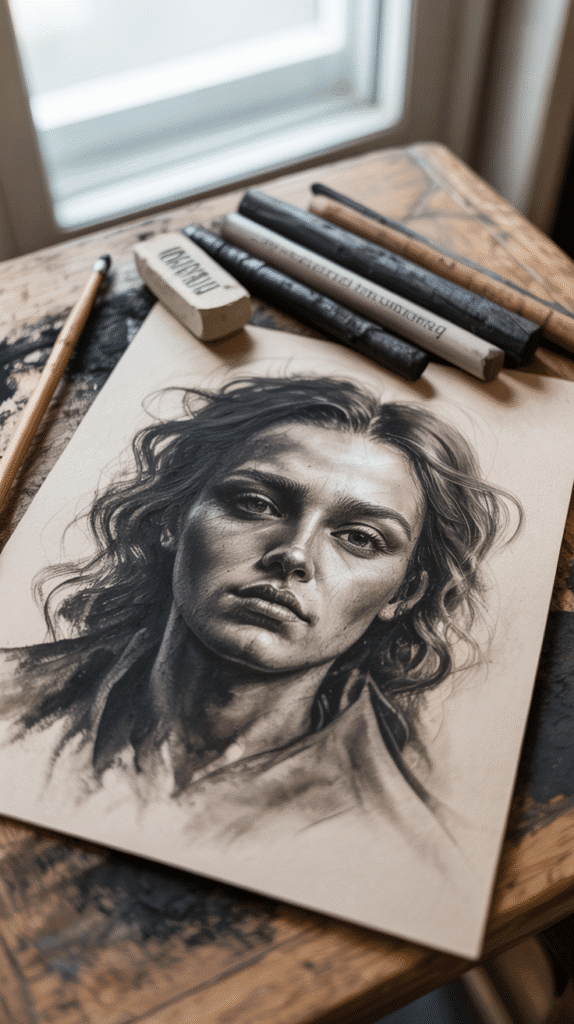 A photograph showcases a rustic, light-stained wooden worktable densely dusted with fine black charcoal powder, hinting at the artist's diligent work. At the center rests a textured ivory sheet displaying a dramatic charcoal sketch in progress, where deep velvety blacks subtly fade into soft smoky grays blended with fingertips, depicting "unfinished masterpiece". Several vine and compressed charcoal sticks, along with a kneaded eraser, are clustered artfully beside the sketch, catching the soft, diffused light filtering through a nearby window. The background is gently blurred, highlighting the raw tactile beauty of the charcoal and paper, creating a sense of quiet focus.