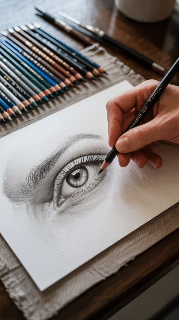 A photograph of an artist's desk showcasing a focused study of the human eye. A hand gently guides a sharp graphite pencil across a pristine white sheet of drawing paper, meticulously rendering the details of a realistic eye with precise lines and subtle shading. Nearby, a selection of graphite pencils, neatly arranged on a textured linen cloth, range from hard to soft grades, their polished wood reflecting the soft light. The background is softly blurred, highlighting the focused artistry and showcasing the delicate tools of the craft.