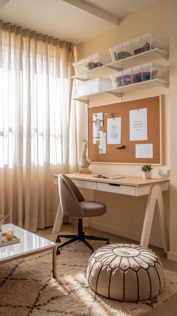 A smaller, cozy loft with a warm beige and white color palette. The workspace includes a compact white desk with a light wood top, paired with a taupe cushioned chair. A corkboard above the desk displays neatly pinned sketches and inspirational quotes. White floating shelves with clear acrylic bins hold art supplies. A neutral-toned pouf sits on a soft, cream shag rug near a low coffee table for relaxation. Sheer curtains let in soft, diffused light, creating a warm, inviting ambiance.