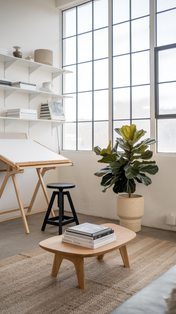 A spacious, sunlit room with large floor-to-ceiling windows framed in black metal. The walls are painted a crisp white, contrasting with light oak hardwood floors. The creation zone features a sleek, adjustable white drafting table paired with a minimalist black stool. Floating white shelves with organized storage boxes line one wall. A single fiddle leaf fig stands tall in a white ceramic planter near the window. A woven beige area rug adds subtle warmth under a low, Scandinavian-style wood coffee table with a stack of art books.