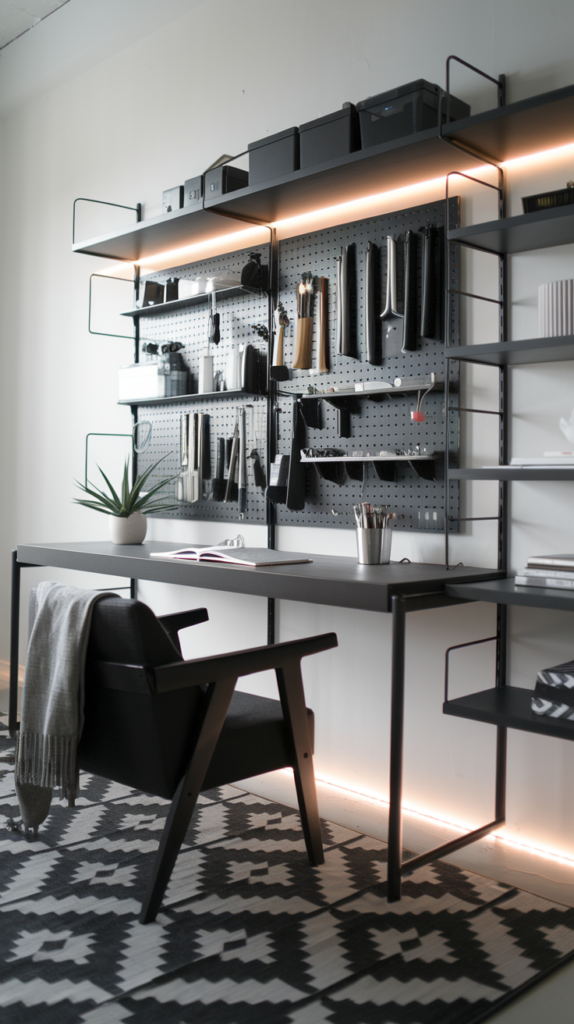 This loft embraces a monochrome palette with white walls, a sleek black work desk, and matching black shelving. A grid-like pegboard above the desk organizes tools, brushes, and supplies in an orderly fashion. A geometric black-and-white area rug anchors the space, while a modern black armchair with a gray throw pillow adds comfort. A small, potted succulent on the desk offers a pop of green. LED strip lighting under the shelves provides functional and stylish illumination.