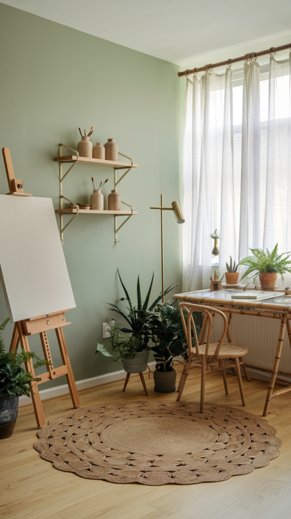 Soft, earthy tones define this space, with pale sage green walls and light wood flooring. A bamboo work table and matching chair create a natural workspace. Above the desk, floating wooden shelves hold ceramic jars filled with brushes and pencils. A large canvas on an easel rests nearby, illuminated by a brass floor lamp with a minimalist design. A jute rug and several potted plants (ferns, succulents) bring nature into the loft, while sheer white curtains allow the natural light to filter through.