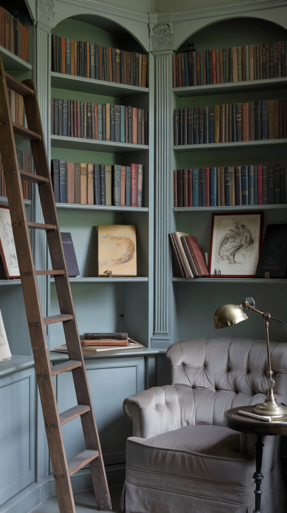 Nestled in a quiet corner, a built-in bookshelf showcases an eclectic collection of art history books, travel journals, and sketchpads. An antique ladder leans against the shelves, offering both functionality and charm. A plush vintage armchair sits beside the shelf, accompanied by a small side table with a brass reading lamp. The area exudes tranquility, making it the perfect spot to read, plan, or gather inspiration.