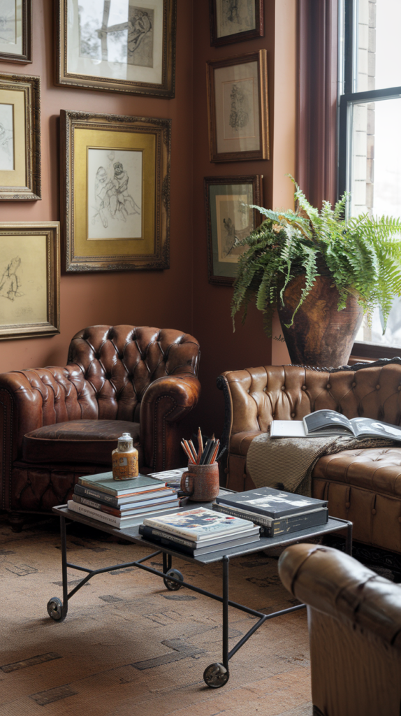 Step into the lounge area, where a tufted leather armchair beckons you to relax. Nearby, a soft throw blanket drapes over a vintage settee with intricate wooden carvings. The centerpiece coffee table, crafted from repurposed wood and iron, holds an assortment of art books and a ceramic mug filled with pencils. On the wall hangs a gallery of gold-framed sketches, blending classical and modern art styles. A potted fern in an aged terra-cotta pot adds a splash of life, while a vintage rug with earthy tones anchors the space.