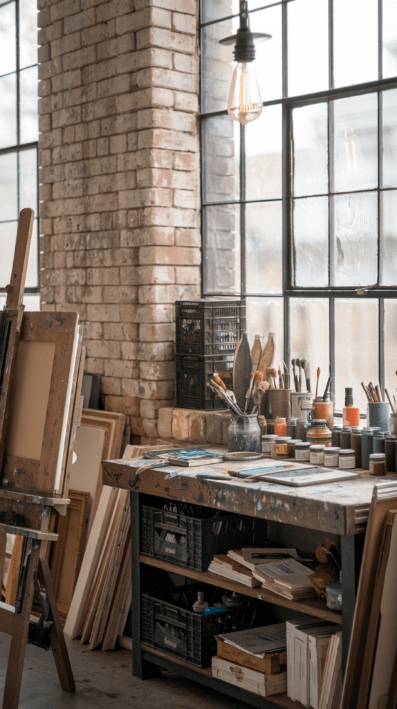 Picture a rustic wooden easel standing proudly by a large industrial-style window. Natural light floods the room, highlighting a sturdy, paint-splattered wooden workbench. A collection of brushes, jars of pigments, and a palette of muted tones sits atop the surface. The walls feature aged brick with faint remnants of whitewash, giving the room a nostalgic feel. Overhead, a wrought-iron pendant lamp with an Edison bulb casts a warm glow. Stacks of sketchbooks, vintage crates, and neatly arranged canvases create an organized yet lived-in vibe.