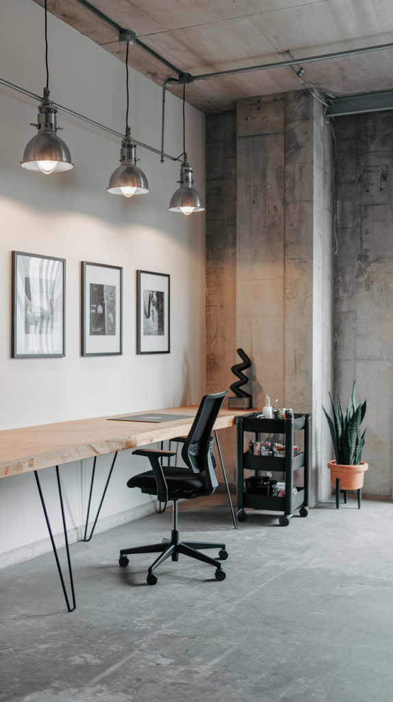 Exposed concrete walls and a polished gray concrete floor set an industrial tone. A long, natural wood workbench with slim metal legs dominates the creation zone, accompanied by a black ergonomic chair. The gallery wall displays three monochrome art pieces in thin black frames. Industrial-style pendant lights hang above the workbench, casting focused light. A black rolling cart holds neatly organized supplies. A single abstract sculpture sits atop a corner shelf for decoration, and a small snake plant in a terracotta pot provides a touch of greenery.