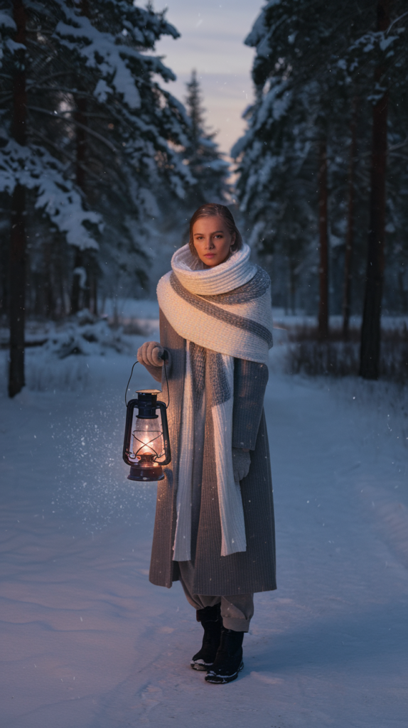 A serene winter scene featuring a model standing on a snowy path in a peaceful forest. The model is holding a glowing lantern, which emits a soft, warm light that contrasts with the cool blue tones of the snow. She is wrapped in a thick white and gray scarf, wearing a long winter coat, and has an introspective, reflective expression. Surrounding her are tall pine trees covered in snow, with snowflakes gently falling. The atmosphere is tranquil, with a soft twilight sky in the background, enhancing the magical, wintry mood.