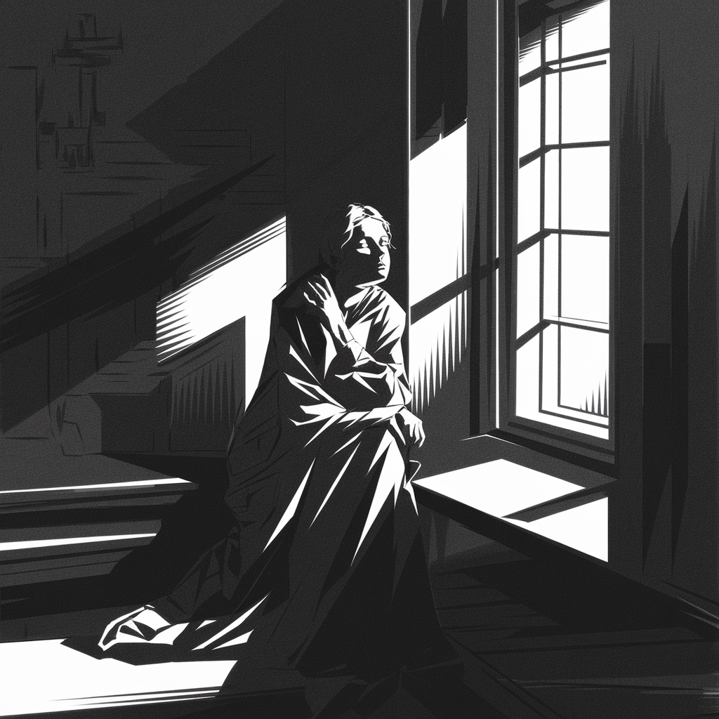 A Chiaroscuro illustration that depicts a dramatic scene of a lone figure sitting by a window in a dimly lit room. The artist uses stark contrasts between light and shadow to emphasize the mood and depth of the image. The light from the window streams in, casting a bright beam that illuminates one side of the figure, highlighting their face and hands while leaving the other side in deep shadow. The folds of the figure’s clothing are rendered with sharp lines and soft gradations, enhancing the three-dimensional effect. The room’s background fades into darkness, with only faint outlines suggesting the presence of furniture. This strong interplay of light and dark creates a powerful, moody atmosphere, typical of the Chiaroscur technique, drawing the viewer’s eye to the illuminated areas while evoking a sense of mystery.