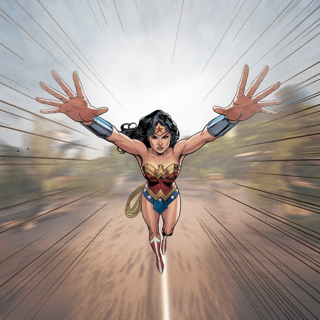 A Foreshortening illustration that depicts a superhero flying directly toward the viewer, arms outstretched. The artist exaggerates the perspective to create the illusion of depth, making the hands appear significantly larger than the rest of the body, which recedes into the background.

The superhero’s clenched fists are detailed with sharp lines and shadows, giving them a powerful, three-dimensional appearance. The arms gradually taper in size, leading back to the torso and legs, which appear much smaller and further away due to the perspective. The background is kept minimal or blurred, emphasizing the forward motion and making the figure pop out of the scene. This use of foreshortening enhances the dynamic and dramatic impact of the image, creating a sense of movement and proximity that draws the viewer into the action.