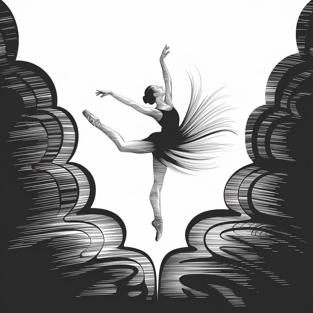 A Negative Space Drawing illustration that depicts a graceful dancer mid-leap against a stark background. The artist focuses on the outline of the dancer, leaving the figure as an uncolored or white space, while the surrounding area is filled with detailed shading or patterns in deep tones.

The negative space forms the shape of the dancer, capturing their dynamic movement and flowing costume with precision. The background might be filled with intricate textures or abstract patterns to emphasize the contours of the dancer’s body. By focusing on the areas around the subject rather than the subject itself, the illustration draws attention to the fluid lines and elegance of the dancer’s form, using the surrounding darkness or detailed space to create a striking contrast that highlights the figure's grace and motion.