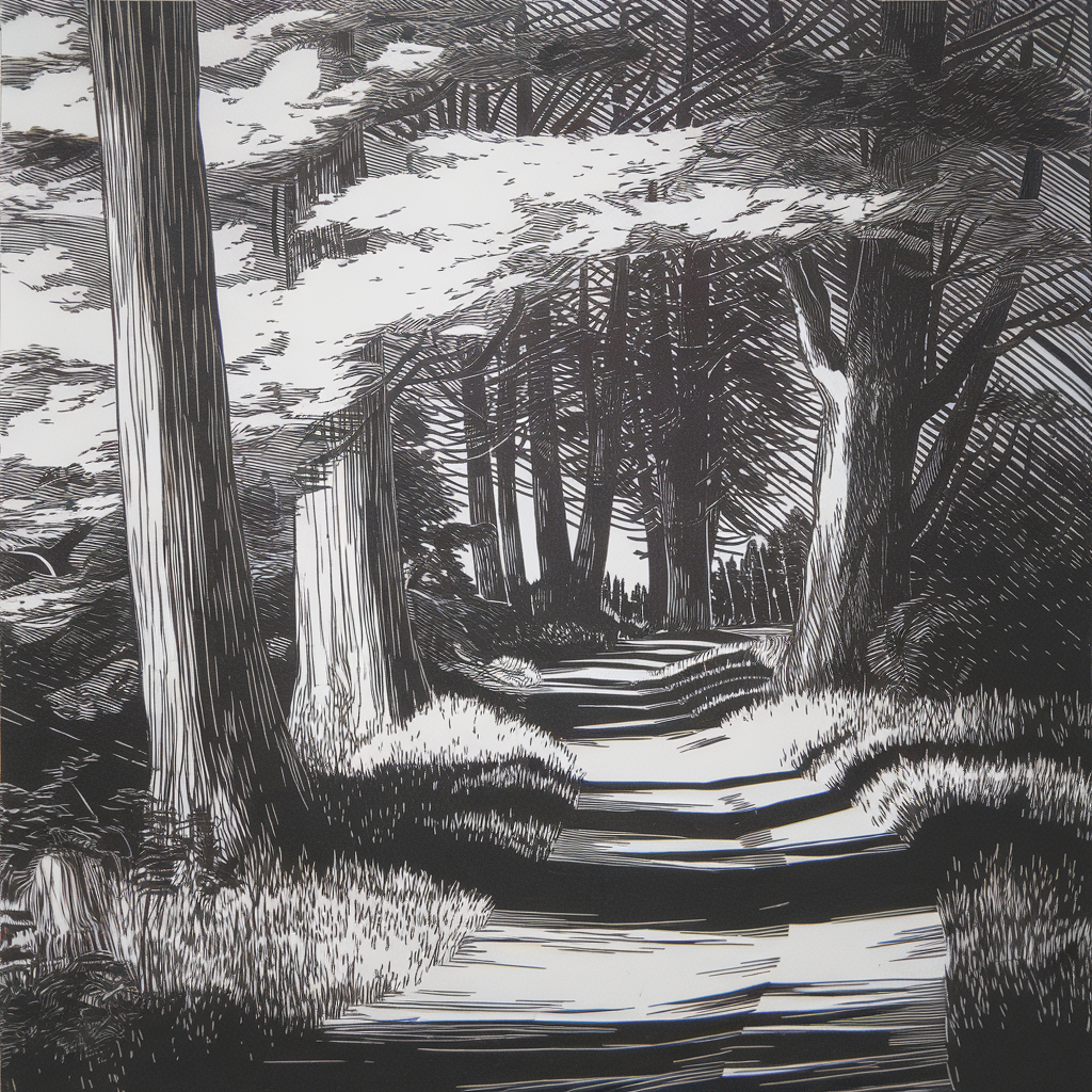 A cross-hatching illustration that depicts a serene forest scene with a winding path cutting through tall, ancient trees. The artist uses fine, intersecting lines to create varying shades of light and shadow, giving depth and texture to the landscape. The tree trunks are etched with closely spaced horizontal and vertical lines, enhancing their rugged bark texture. The leaves and canopy are detailed with overlapping diagonal strokes, suggesting dappled sunlight filtering through. The path is rendered with a combination of tight and loose cross-hatching, showing the play of light across the uneven ground. This meticulous use of cross-hatching highlights the intricate details and brings the entire scene to life with a sense of timeless tranquility.