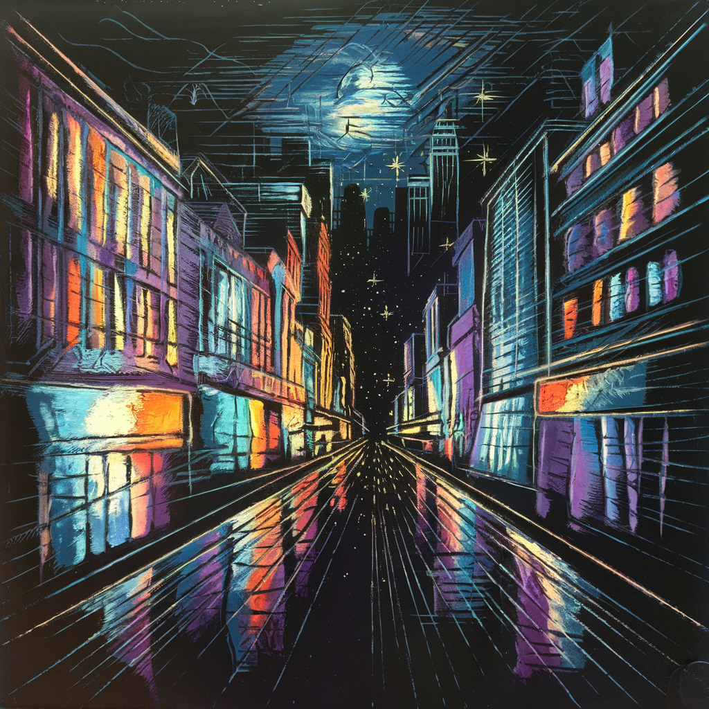 A Sgraffito illustration that depicts a vibrant night cityscape. The artist starts by laying down a colorful underlayer of bright blues, purples, and oranges, representing the glowing city lights. Over this, a dark layer, perhaps deep black or navy, is applied. Using sharp tools, the artist scratches away the top layer in intricate patterns, revealing the vibrant colors beneath.

The buildings are outlined by etching away the dark layer, allowing the colorful underlayer to form windows, streetlights, and neon signs. The sky is detailed with sgraffito lines that suggest stars or the subtle glow of the moon. Streets and pathways are created by scratching out reflective light effects, giving the scene depth and liveliness. This technique creates a striking contrast, where the dark surface emphasizes the underlying brightness, making the cityscape appear dynamic and alive with texture and energy.