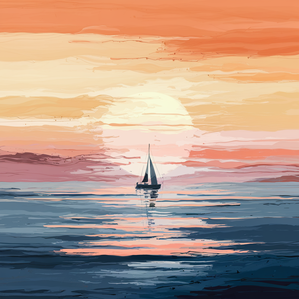 A blending and smudging illustration that depicts a tranquil sunset over a calm ocean. The sky is a smooth gradient of warm colors, transitioning from deep orange near the horizon to soft pinks and purples higher up. The artist uses blending techniques to seamlessly merge these colors, creating a soft, dreamy effect. The ocean reflects the sky's hues, with gentle ripples subtly smudged to convey motion and depth. A lone sailboat, with its sails catching the last rays of sunlight, is softly outlined, allowing it to blend into the serene background. The overall effect is a peaceful, ethereal scene where the blending and smudging emphasize the softness and calmness of the setting.