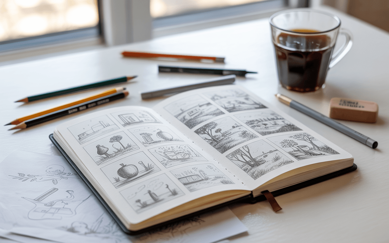 A bright, inviting creative workspace with a large sketchbook open to multiple small sketches in progress. The pages show simple objects, nature scenes, and expressive line drawings. Surrounding the sketchbook are graphite pencils, fineliners, an eraser, and a cup of coffee. Soft natural light streams in from a nearby window. The overall mood is motivating, creative, and approachable — signaling a fun daily sketching routine.