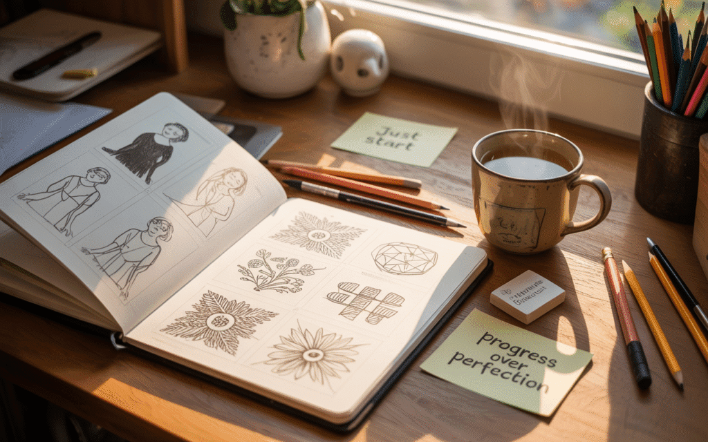 A warm photograph of an artist's desk bathed in golden afternoon light streaming through a nearby window. The centerpiece is an open sketchbook with visible practice drawings in various styles - loose figure studies, detailed botanical sketches, and geometric patterns - showing the beautiful imperfection of learning. A steaming ceramic mug of chamomile tea sits beside the sketchbook, while handwritten sticky notes reading "Just Start" and "Progress Over Perfection" are placed thoughtfully around the workspace. Soft pencils, erasers, and a well-loved pen rest on the wooden desk surface, creating an inviting atmosphere that celebrates the creative journey over finished perfection.