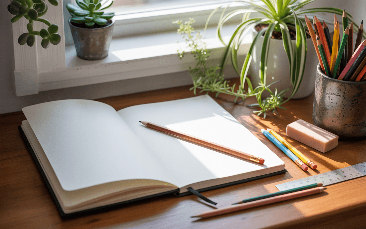 A serene still life photograph of an open sketchbook displaying a pristine blank white page, with a freshly sharpened wooden pencil resting diagonally across the paper. The sketchbook sits on a clean wooden desk surface, surrounded by carefully arranged art supplies including colored pencils in a ceramic cup, a soft kneaded eraser, and a small ruler. A small potted succulent with jade-green leaves and a delicate spider plant cascade gently into the frame, adding natural touches of life and growth. Soft morning light streams through a nearby window, casting gentle shadows and creating a warm, inspiring atmosphere that invites creativity and new beginnings.