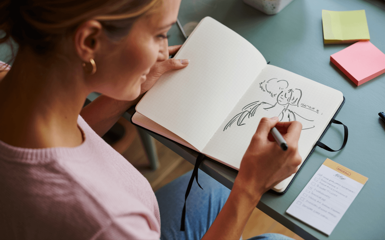 A cozy, lifestyle-style scene showing a woman seated at a desk or table, casually sketching in her notebook. The sketch appears relaxed and imperfect, emphasizing progress over perfection. Sticky notes or a small checklist sit nearby, suggesting daily habit-building. The atmosphere feels encouraging, creative, and pressure-free.