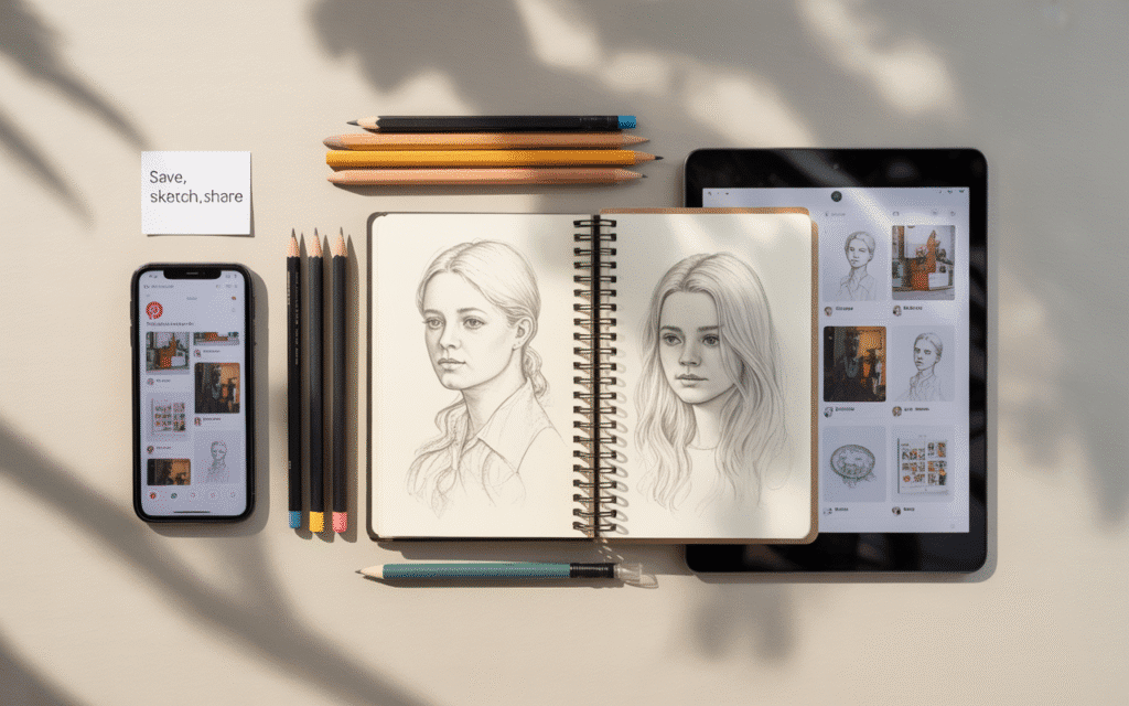 A flat lay featuring a sketchbook, pencils, a tablet (optional), and a phone displaying a Pinterest board saved with sketch inspiration. The items are arranged neatly on a neutral background with soft shadows. The visual clearly communicates “save, sketch, share” without text-heavy explanation.