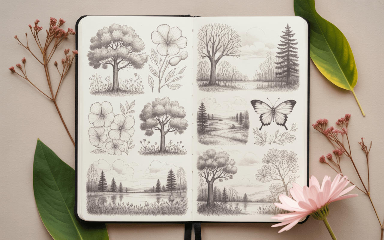 A sketchbook page showing nature-inspired drawings such as trees, flowers, landscapes, and a butterfly. Soft shading and organic linework give the sketches a peaceful, outdoor feel. Natural elements like leaves or flowers are styled around the sketchbook for visual harmony.