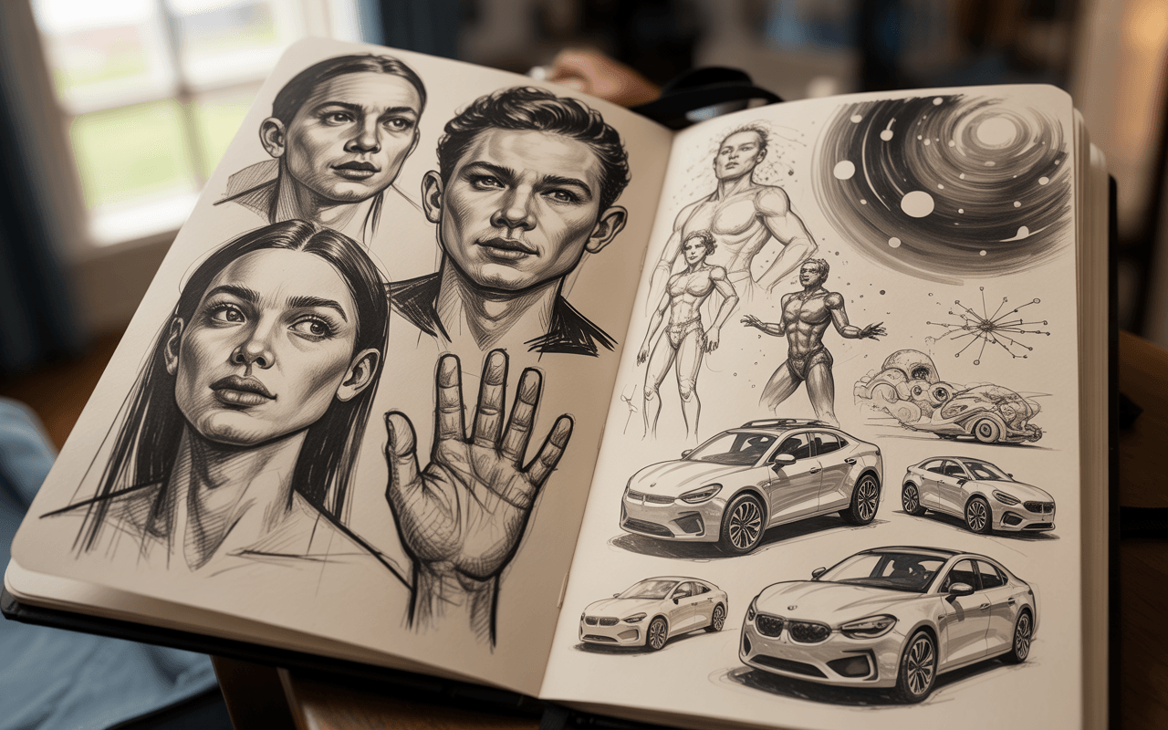 A dynamic sketchbook spread showcasing an artist's evolving creative journey with expressive charcoal and ink drawings scattered across cream-colored pages. The left page features detailed portrait studies with confident line work, capturing emotion through bold strokes and varied shading techniques, while gestural hand studies demonstrate mastery of form and movement. The right page bursts with imaginative character poses alongside celestial motifs like swirling galaxies and constellation patterns, interwoven with sleek futuristic vehicle designs and architectural concepts. Soft natural lighting from a nearby window illuminates the textured paper, creating gentle shadows that emphasize the dimensional quality of the sketches and convey a sense of artistic growth and creative exploration.