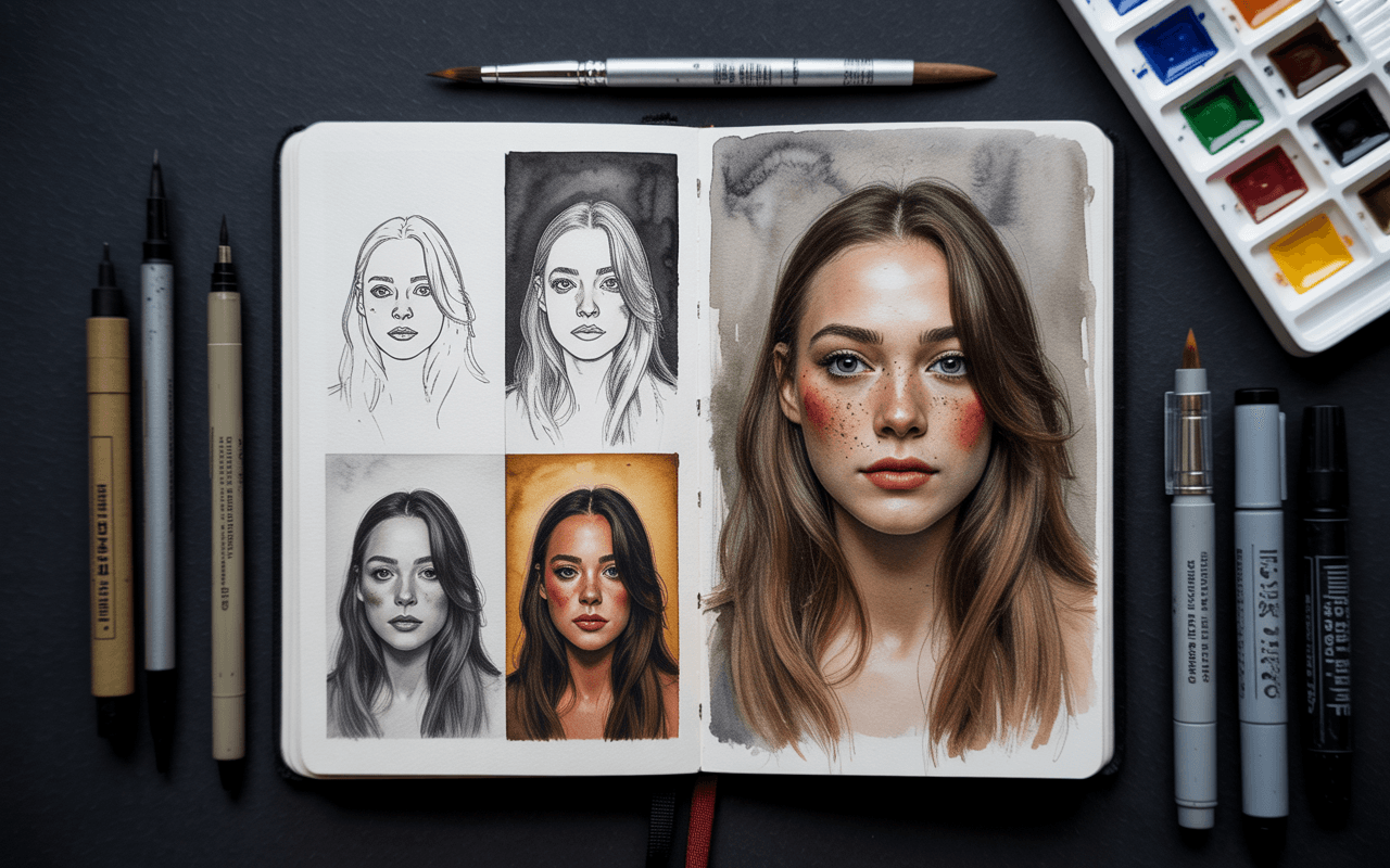 A dramatic sketchbook spread showcasing bold experiments — a one-line drawing, high-contrast shading, mixed media touches, and a detailed final illustration. Art supplies such as ink pens, watercolor brushes, and markers are scattered nearby, emphasizing creative exploration.