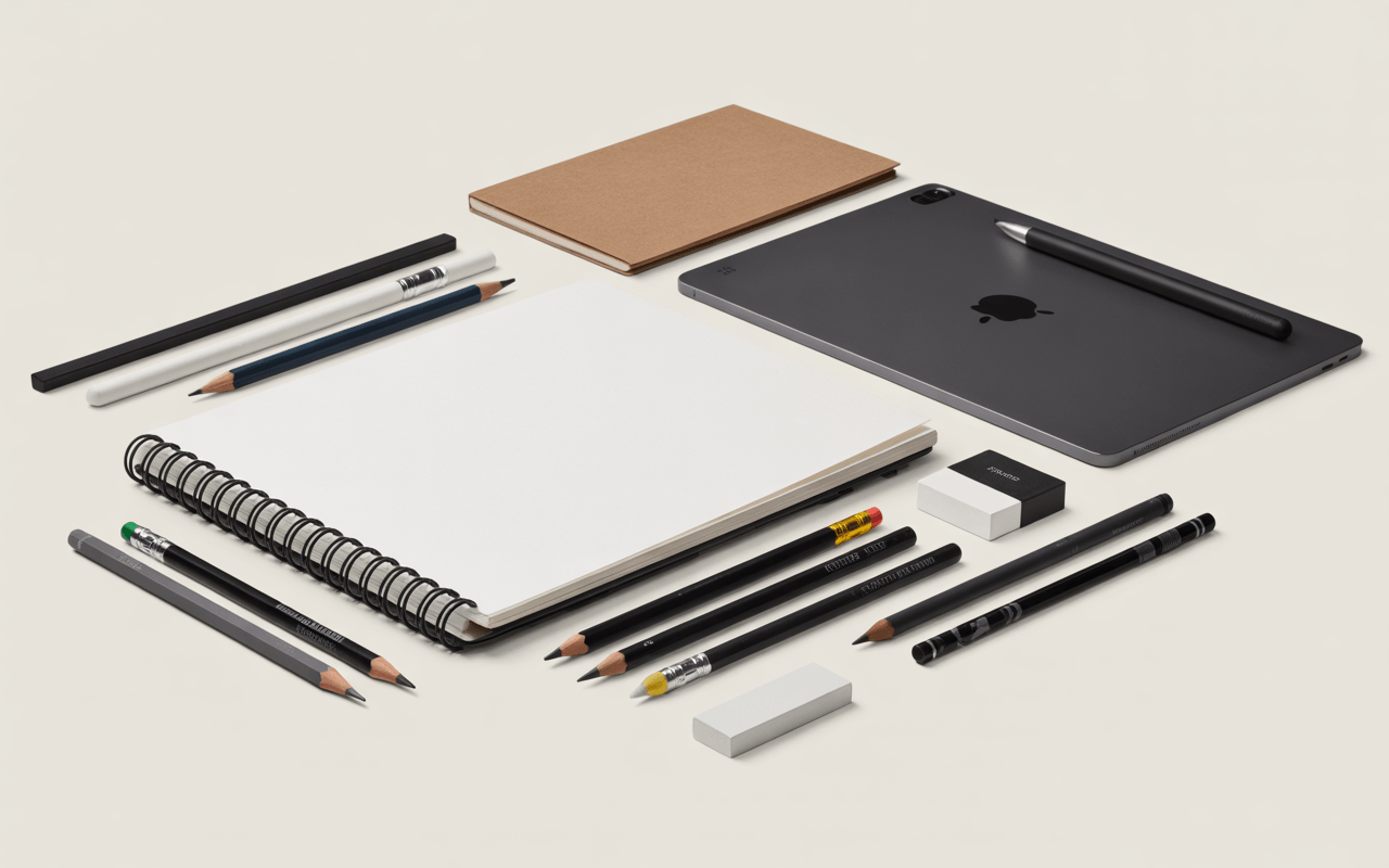 A clean, well-styled flat lay of sketching tools: a quality sketchbook, graphite pencils, erasers, blending stumps, and optionally an iPad with a stylus. Everything is arranged intentionally on a light background with soft lighting. The image feels curated, professional, and aspirational.