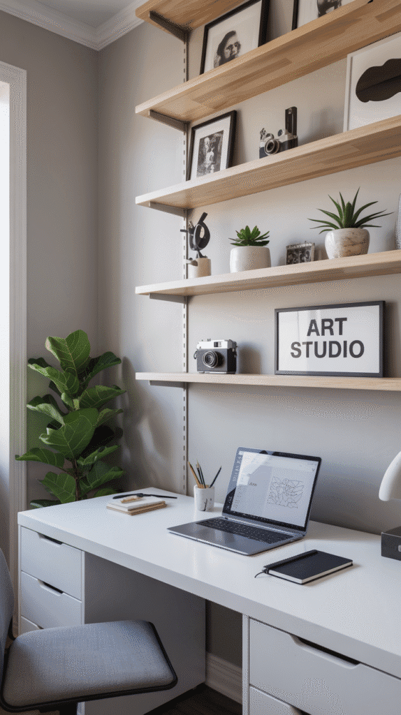 A photograph of a pristine modern minimalist home office and art studio bathed in soft natural light. A sleek white desk serves as the central focus, featuring a silver laptop displaying a design program and a black notebook resting beside it. Above the desk, seven floating wooden shelves display curated items including a black and white photograph, a vintage camera, small potted succulents in white ceramic pots, and a framed sign that reads "ART STUDIO" in bold black letters. A large, vibrant green fiddle-leaf fig plant stands in the corner, partially visible, while the light gray walls create a clean, contemporary backdrop.