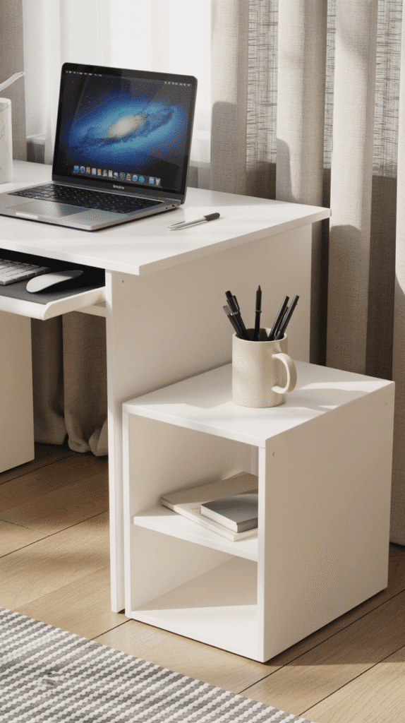 A photograph of a pristine, modern white computer desk setup in a sun-drenched room. The desk’s sleek surface showcases a MacBook displaying a calming blue nebula wallpaper, with a pull-out keyboard tray neatly tucked away. A white ceramic mug filled with sleek black pens sits atop a matching storage cube on the desk's right side, while a woven gray and white rug lies on the light wooden floor. Soft light filters through a gray linen curtain, illuminating the clean lines and minimalist aesthetic of the room.