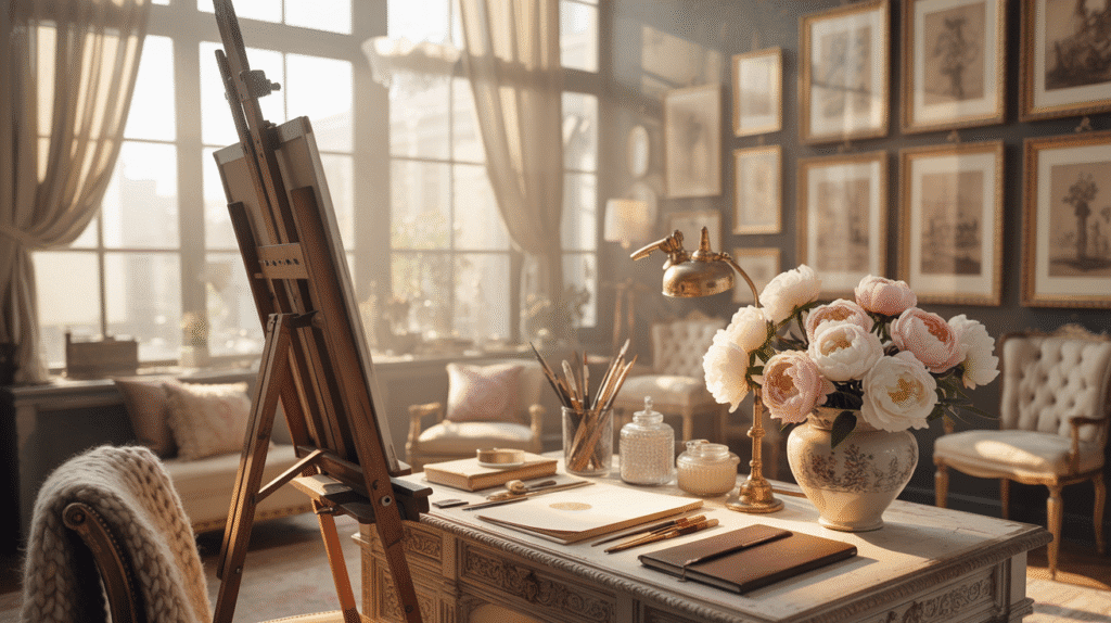 A soft, romantic vintage art studio bathed in warm morning light. The scene shows a beautifully curated workspace featuring antique-inspired furniture, dreamy textures, and an elevated feminine aesthetic. A weathered wooden easel stands near a tall window draped with sheer cream curtains, letting sunlight spill across the room in golden streaks. An ornate vintage desk with carved legs sits nearby, topped with stacked sketchbooks, delicate glass jars filled with pencils and brushes, and a small vase of blush and ivory flowers.On the wall, a gallery of faded botanical prints, gold-trimmed frames, and vintage-style art studies creates an inspiring mood board. Soft linen fabrics, old-world brass accents, and a muted palette of cream, warm taupe, dusty rose, and antique gold give the space a timeless charm. A cozy corner features a tufted chair draped with a knit throw, inviting the artist to sit and sketch.The overall ambiance feels romantic, classic, and gently whimsical—a creative haven where vintage beauty and artistic inspiration blend seamlessly.