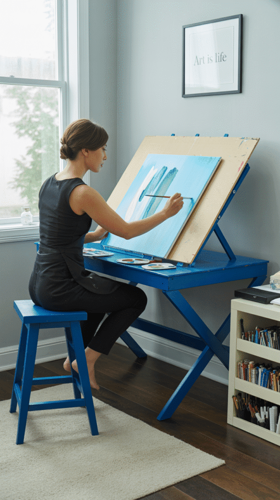 A photograph of a light-skinned woman artist intently focused on a light blue abstract painting in progress on a blue drafting table. She is seated on a cobalt blue stool, wearing a simple black sleeveless top and black pants, her hands gently guiding a paintbrush across the canvas, leaving visible strokes of teal and white. The drafting table, with its beige tilting top and sturdy blue X-frame base, sits against light gray walls, complemented by dark hardwood flooring and a cream-colored area rug, with a framed print of "ART IS LIFE" hanging above. Soft, diffused daylight streams through a nearby window, illuminating the workspace and highlighting the organized white storage unit filled with art supplies to the right.