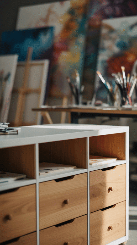 A photograph of a sleek, modern storage unit with a light oak finish against a backdrop of a vibrant, artistic studio. The unit features three drawers with brushed brass handles and three cubby spaces with clean white dividers, arranged in a grid pattern. Soft, natural light illuminates the visible wood grain and highlights the clean lines of the design, creating subtle shadows across the white top surface. Scattered paintbrushes and canvases in the background add a sense of creative energy, softly blurred to emphasize the storage unit as the central focus.