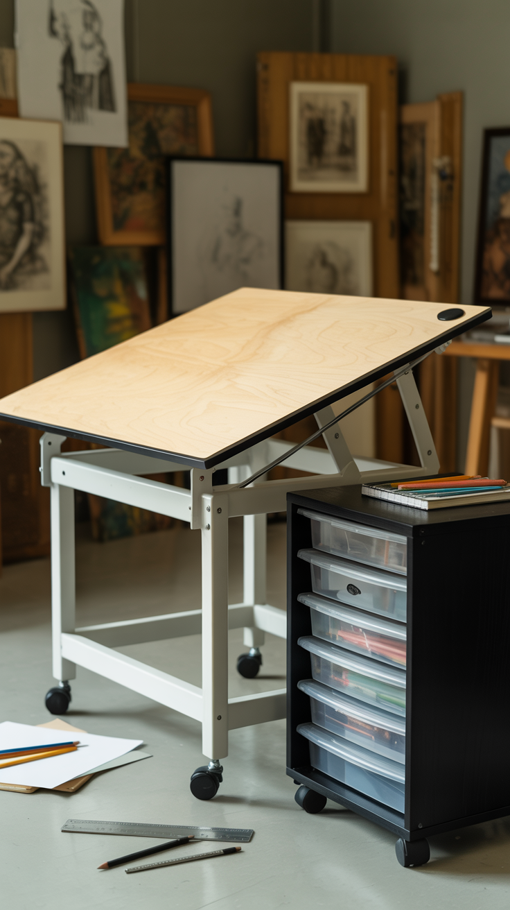 A photograph of a professional drafting table, its light maple surface gleaming under soft studio lighting. The rectangular tabletop, edged with black rubber, is slightly tilted, revealing the white metal frame and its intricate network of horizontal and vertical supports. A sleek black storage cabinet, filled with transparent plastic drawers, sits neatly to the right, while the table rests on four black caster wheels allowing for easy movement across the art room studio floor. Scattered around the table are a few pencils, a ruler, and a sketchbook, suggesting a workspace ready for creation, all set against a backdrop of artistic sketches and paintings.