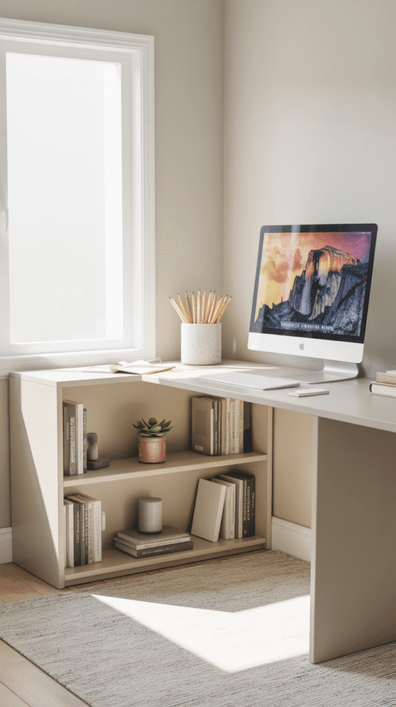 A photograph of a pristine minimalist home office centered around a white L-shaped desk against a light beige wall. The desk features a modern iMac displaying "Yosemite National Park" wallpaper, complemented by a sleek white ceramic pencil holder filled with neatly arranged wooden pencils. A built-in storage unit to the desk’s left showcases four open shelves holding carefully selected books, a small succulent in a terracotta pot, and a few understated decorative items. Soft natural sunlight streams through a white-framed window, casting gentle shadows and highlighting the light gray textured area rug beneath the desk, completing the clean, modern aesthetic.
