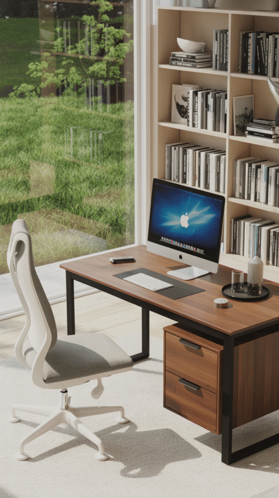 A photograph of a modern home office centered around a sleek wooden desk. The desk features a black metal frame, a warm walnut-colored top, and a small drawer unit with minimalist black handles, displaying an iMac with a vibrant blue desktop wallpaper showcasing the Apple logo. A comfortable white ergonomic chair with light gray upholstery sits poised in front of the desk, bathed in the soft natural light streaming through a large window revealing a view of lush green grass and trees.  A white bookshelf filled with books and decorative items stands against the wall, complementing the room's clean aesthetic of warm wood tones, black accents, and natural green elements.