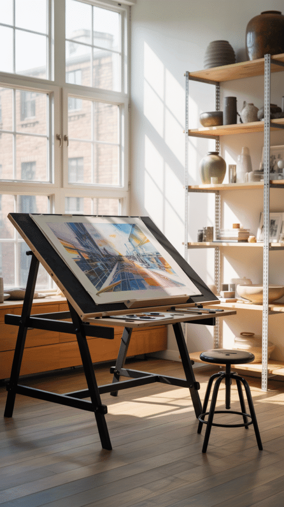 A photograph capturing a bright, modern art workspace centered around a sleek black drafting table. The table's tilted wooden surface displays a vibrant architectural watercolor painting of a futuristic cityscape, its colors subtly reflected in the polished wood. A round black stool rests to the right, while natural daylight streams through large windows on the left, illuminating the light wooden floor and casting soft shadows across the room's minimalist aesthetic. A white metal shelving unit filled with ceramic vessels and decorative objects in earthy tones stands on the right, its wooden base grounding the composition and adding depth to the airy space.