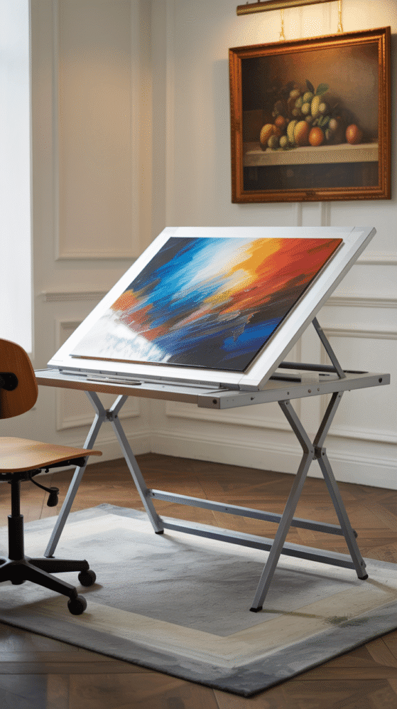 A photograph showcasing a silver-framed drafting table as the central focus in a bright, modern art studio. The table's tilted surface displays a vibrant abstract painting composed of swirling blue, red, and orange hues, reflecting the studio's warm light. A black ergonomic chair sits slightly to the left of the table, and a gray area rug softly defines the space beneath the table and chair. White wainscoting walls and hardwood flooring create a clean, professional atmosphere, complemented by framed still life artwork depicting fruits in the background, bathed in natural light.