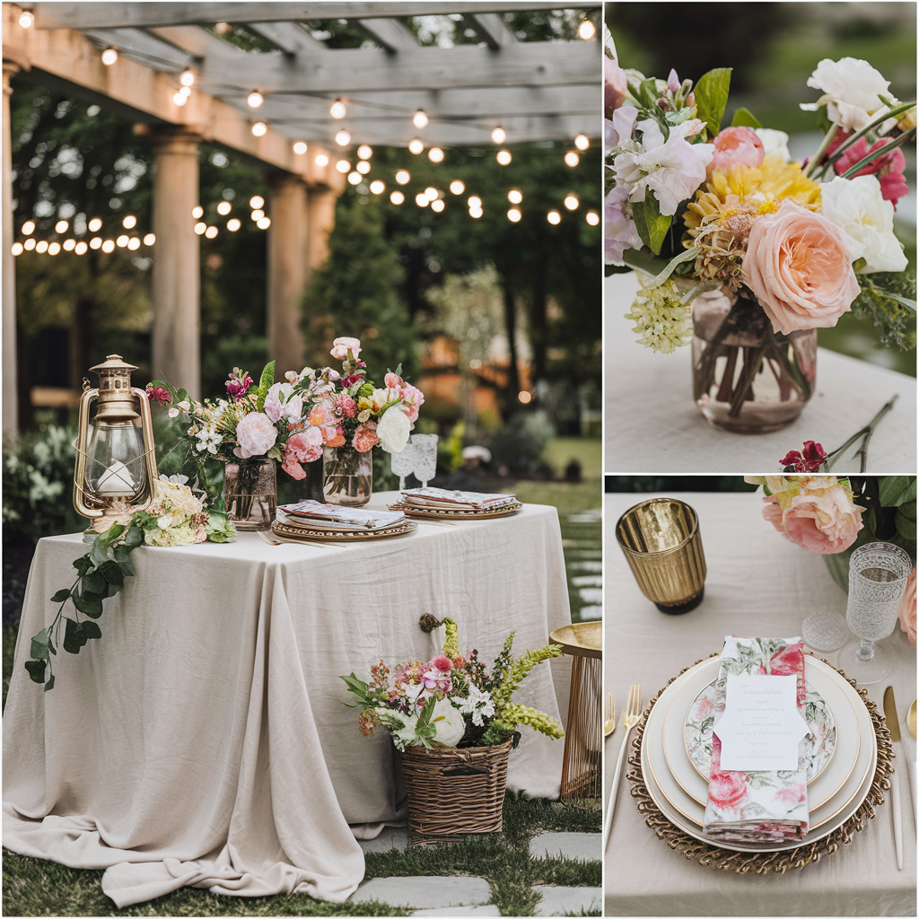 Garden-Inspired Elegance 🌿🌸
Pin Idea: A vertical pin (2:3 ratio) featuring a lush tablescape filled with greenery, floral arrangements, and elegant dinnerware. Overlay script fonts for a romantic feel.
🖼 Visuals: A beautifully set outdoor garden table with cascading flowers, vintage-style plates, and gold flatware.