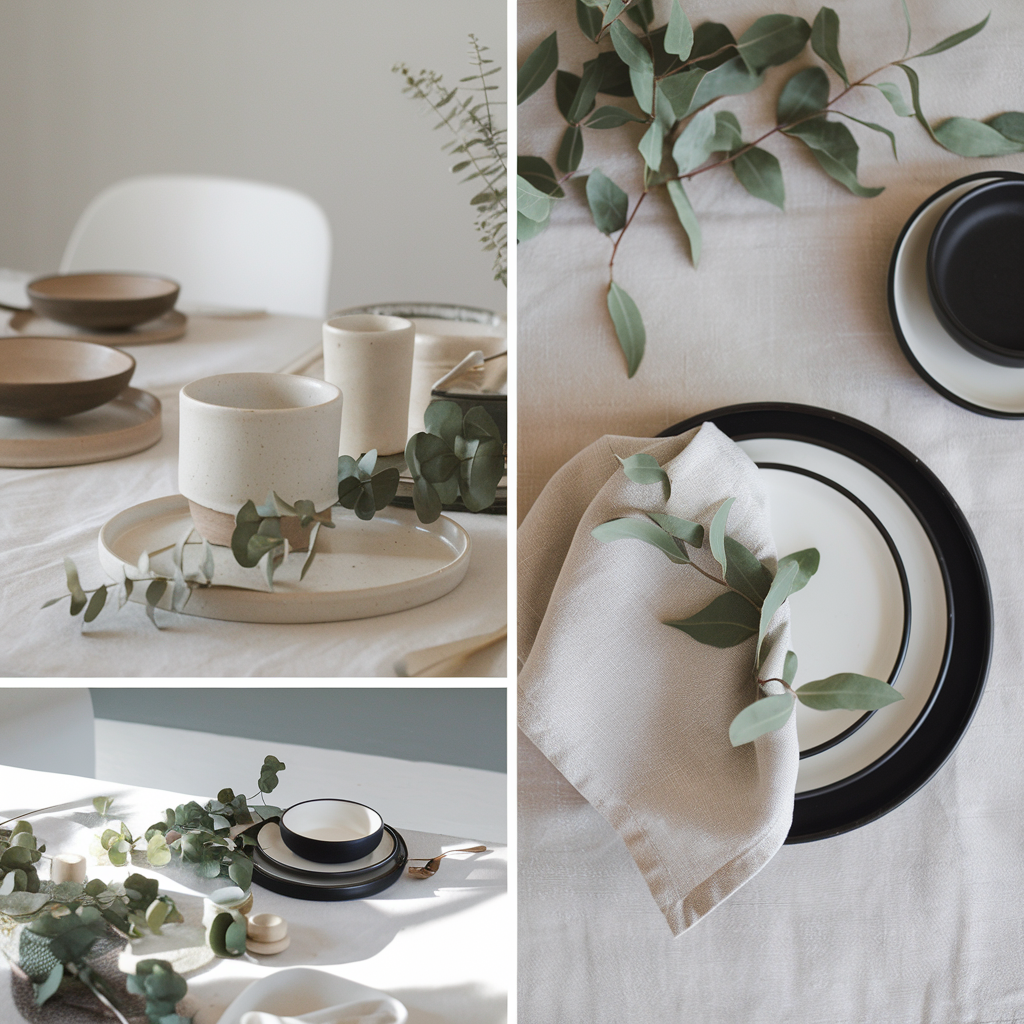 Botanical Chic Minimalism 🌱🤍
Pin Idea: A modern, clean design with negative space and bold typography, featuring a crisp white backdrop with green botanical accents.
🖼 Visuals: A neutral-toned table with eucalyptus centerpieces, minimalist dinnerware, and woven textures.