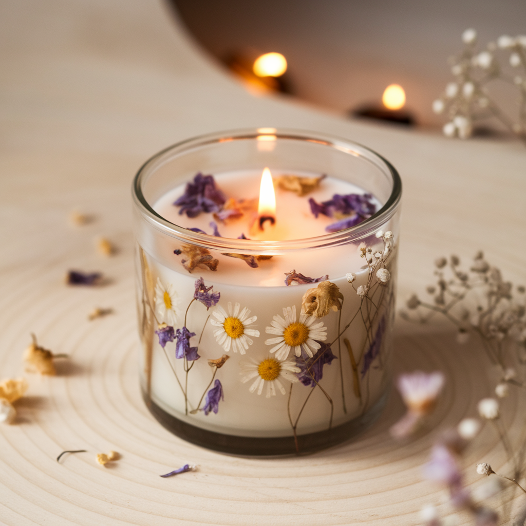 A beautifully crafted soy candle with delicate pressed flowers suspended inside the translucent, melted wax. The candle is in a stylish glass jar, allowing the petals of daisies, forget-me-nots, and baby’s breath to appear softly floating within the wax. The scene is softly lit with a warm, cozy glow, enhancing the natural textures of the dried flowers. The background is a minimalist wooden surface with hints of scattered dried petals and a wick burning gently, creating an aesthetic, calming ambiance. The wax is slightly glossy, showing depth and dimension as the flowers appear beautifully preserved within