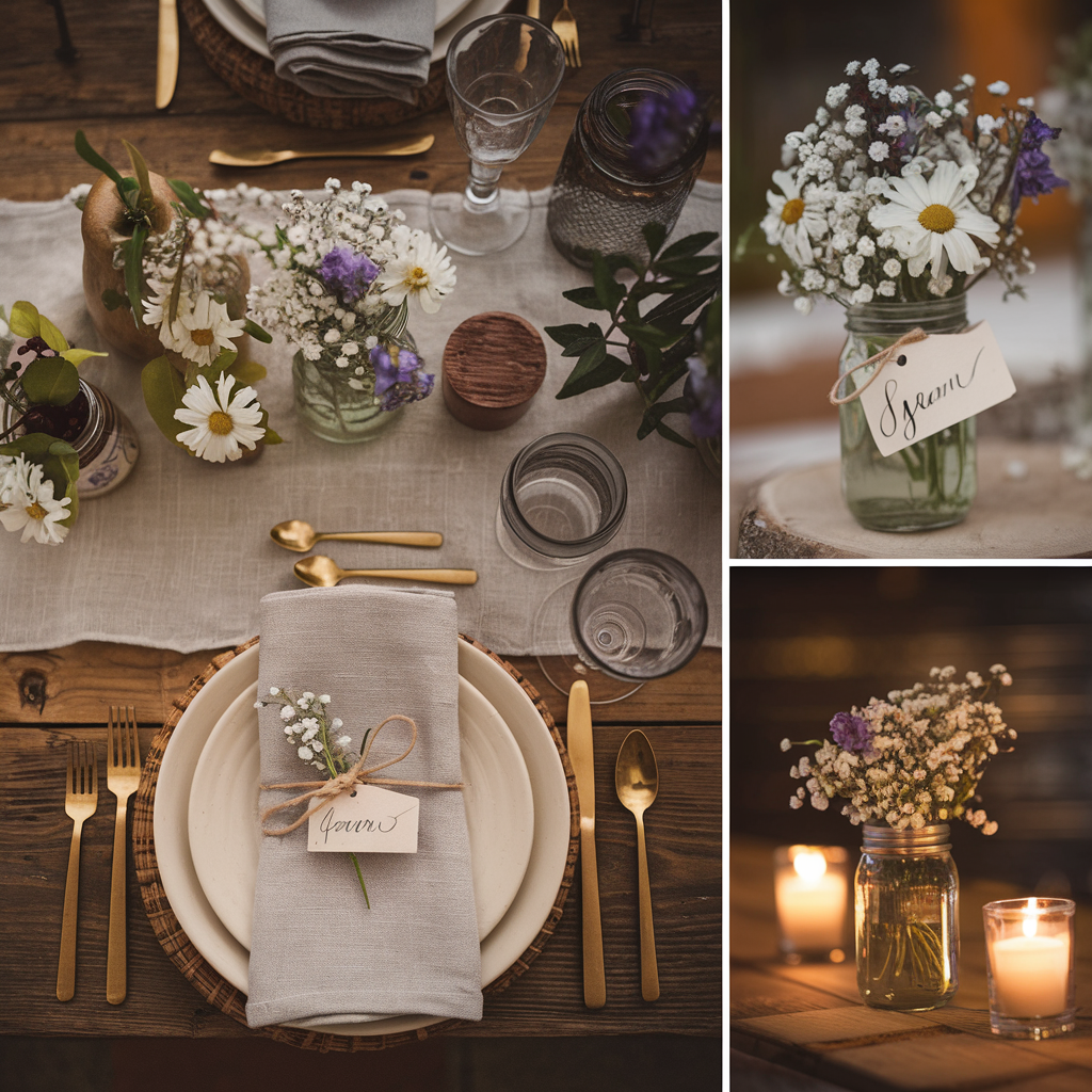 Rustic Wildflower Charm 🌼🍃
Pin Idea: A collage-style pin featuring a main image of a cozy, rustic spring table with wildflowers, plus smaller detail shots (wooden chargers, linen napkins, fresh blooms).
🖼 Visuals: Hand-picked wildflowers in mason jars, natural wood textures, and soft linen napkins.