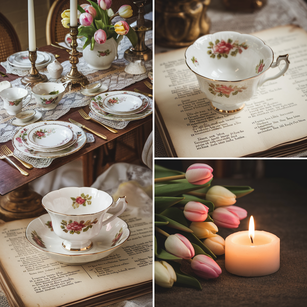 Vintage Spring Romance 🌷🕰️
Pin Idea: A vintage-inspired collage pin with antique elements like old books, lace, and delicate floral arrangements for a classic and nostalgic aesthetic.
🖼 Visuals: A vintage tea party setting with floral china, lace table runners, and soft candlelight.