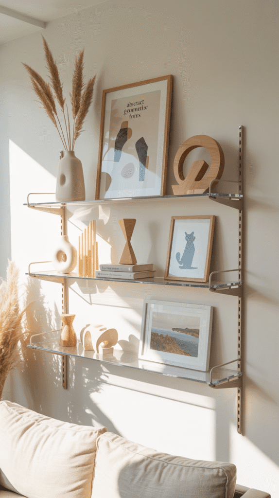 A photograph of a modern, minimalist wall shelf arrangement against a bright white wall in a sun-drenched art studio. Four clear-acrylic floating shelves showcase a curated collection of decorative items in a palette of whites, beiges, and natural wood tones, anchored by a large framed print of "Abstract Geometric Forms" hanging between the shelves. Each shelf displays a white ceramic vase holding dried pampas grass alongside a wooden geometric sculpture, a framed black cat illustration, and a coastal landscape print, all illuminated by soft, diffused sunlight streaming from a nearby window. A portion of a comfortable beige couch sits subtly at the bottom of the frame, subtly completing the serene aesthetic of the studio space with a gentle glow.
