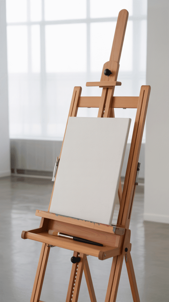 A photograph of a professional-grade wooden artist easel standing prominently in a bright, minimalist art studio. The easel is crafted from light-colored beech wood with a natural finish, its adjustable tilting mechanism featuring sleek black plastic knobs to fine-tune the angle, and it's positioned slightly off-center with the right side tilted upward. A blank white canvas sits securely on the easel, bathed in soft, diffused natural light streaming in from a large window, with a single, perfectly placed paint brush resting on the lower shelf. The studio background is intentionally sparse—pale grey walls and a polished concrete floor—emphasizing the easel as the sole focus and creating a sense of clean, creative space.