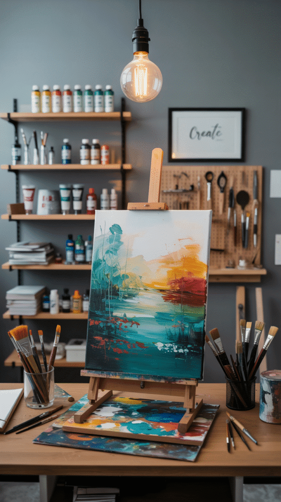 A photograph of a well-organized art studio workspace, centering on a partially finished painting on an easel. The canvas displays a vibrant abstract landscape in shades of teal, ochre, and crimson, with visible brushstrokes and a scattering of paint splatters. Around the easel, light-brown wooden floating shelves are filled with neatly arranged paint tubes, brushes, and sketchbooks, while a vintage Edison bulb hangs directly overhead, casting a warm glow and highlighting the textures of the wooden desk and the colorful art supplies. A gray wall provides a neutral backdrop, accented by a wooden pegboard displaying various tools and a small framed print.