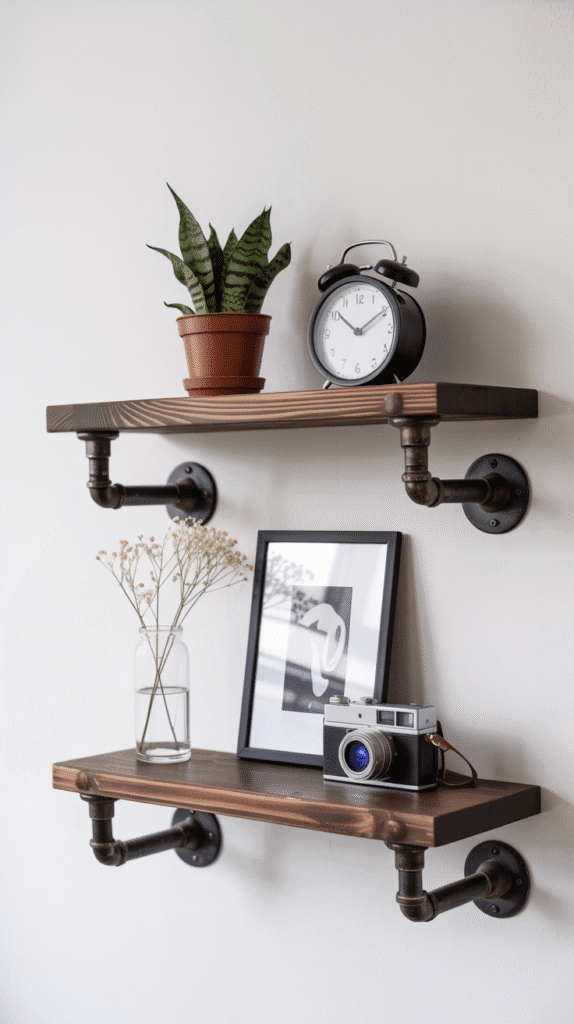 A photograph of a modern industrial-style wall shelf arrangement against a stark white wall. Two dark brown wooden floating shelves are secured by exposed black metal pipe brackets, creating a striking contrast. The top shelf showcases a small potted snake plant with deeply serrated leaves in a terracotta pot alongside a vintage black alarm clock displaying "8:03", while the bottom shelf holds a black and white framed abstract art print, a vintage camera with a blue lens, and a clear glass vase with delicate white dried flowers. Soft, diffused natural light gently illuminates the arrangement, highlighting the clean lines and minimalist aesthetic of the art studio setting.