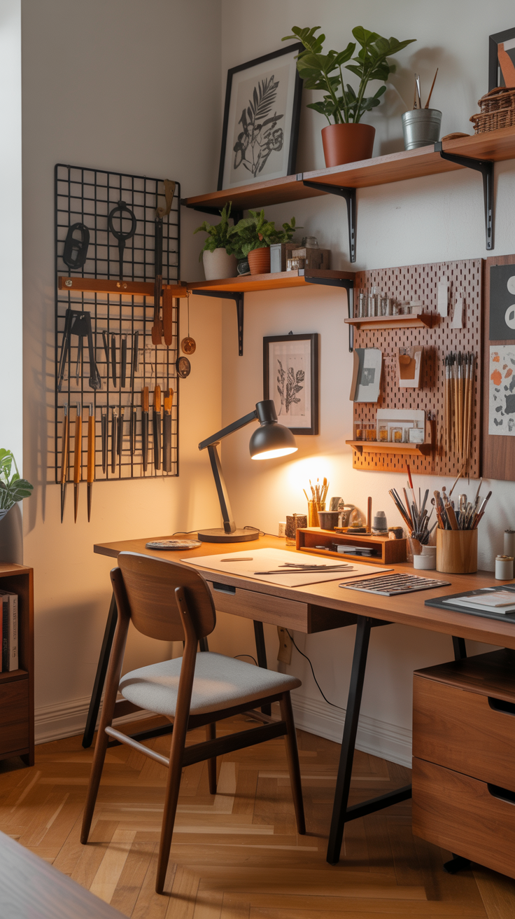 A photograph of a well-organized craft workspace with a modern industrial aesthetic, bathed in warm natural light. A mid-century modern chair sits before a wooden desk, its surface holding a black desk lamp and scattered art supplies, creating a cozy and productive atmosphere. The left wall showcases a black metal grid panel displaying various tools and a black and white botanical print, complemented by wooden pegboard panels on the right holding paintbrushes and craft supplies. Multiple warm-toned wooden floating shelves display potted plants and decorative items against a backdrop of light-colored herringbone hardwood flooring.
