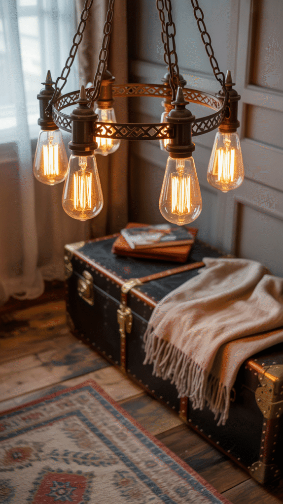 A photograph showcases a vintage Edison bulb chandelier, its intricate metal frame holding several glowing bulbs with exposed filaments, suspended over a cozy corner. The chandelier’s warm light illuminates a faded corner rug with a pattern of muted reds and creams, partially covering a worn wooden floor. Beneath the chandelier, a distressed leather trunk serves as a storage bench, with a soft fringed throw blanket casually draped over its edge, adding texture and warmth to the scene. Soft, ambient light filters in from a nearby window, creating a relaxed and inviting atmosphere.